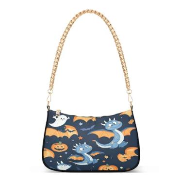 Imagem de STAYTOP Bolsas de ombro femininas de dinossauro de abóbora de Halloween, mini bolsa clutch com fecho de zíper