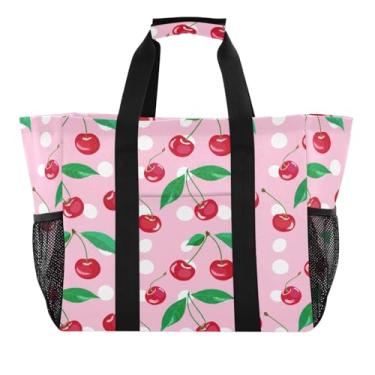 Imagem de Wassud Red Cherries Sacolas de mercearia reutilizáveis grande bolsa organizadora de lona impermeável para praia, piquenique, lavanderia, viagem