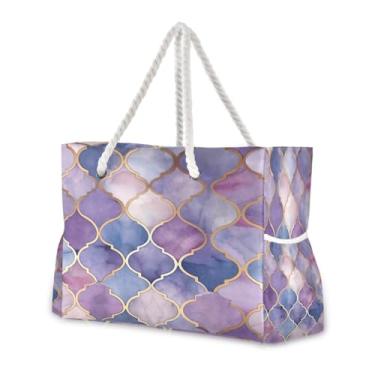 Imagem de Wassud Bolsa de praia violeta geométrica grande bolsa de praia para mulheres, impermeável, à prova de areia, bolsa de viagem com zíper e bolso para piscina academia acampamento