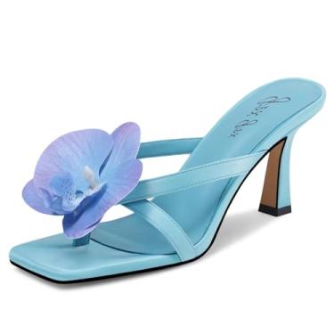 Imagem de GPXGPX Sandálias femininas de salto de gatinho com flores confortáveis, sem cadarço, bico aberto, verão, casamentos, festas, praia, salto floral, Azul, 40