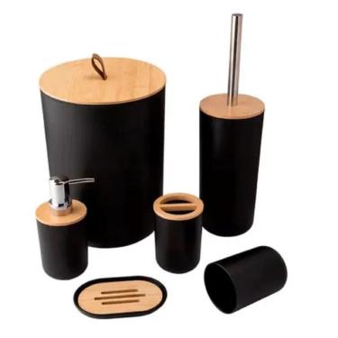 Imagem de Kit Banheiro Com Tampa De Bambu Com 6 Peças Lixeira Fechada