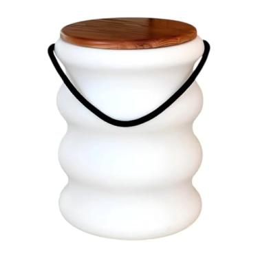 Imagem de Banqueta Baú Ondulada, Design Moderno, Branca com Tampa de Madeira, 46cm Altura, Alça em Corda Náutica, Multifuncional para Interior e Exterior, Suporta 150kg