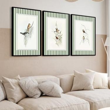 Imagem de Kit 3 Quadro Decorativo Pássaros Coloridos efeito Paspartur verde sala quarto Moldura (Moldura Preta, 60x80, Com Vidro)