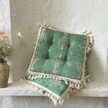 Imagem de Huierxun Almofadas de cadeira estampadas florais com borlas Boho algodão linho almofadas de cadeira quadrada 43 x 43 cm almofada de assento vintage casa de fazenda para sala de estar, cozinha e