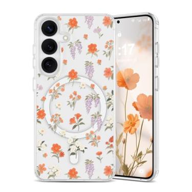 Imagem de EYZUTAK Capa magnética para Samsung Galaxy A35 5G/A55 5G capa de flor compatível com MagSafe, bonita floral estética capa protetora transparente antiamarelamento para meninas e mulheres - laranja