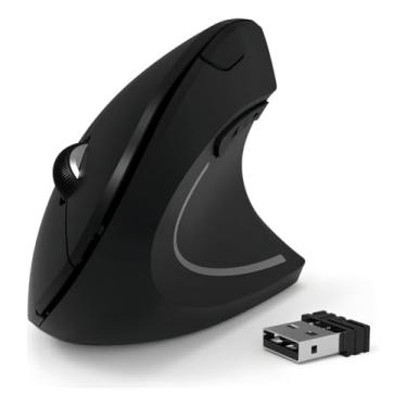 Imagem de Mouse Vertical Ergonômico Sem Fio, 6 Botões, DPI Ajustável 800-1200-1600, Preto, com Receptor USB, para Windows Mac Linux