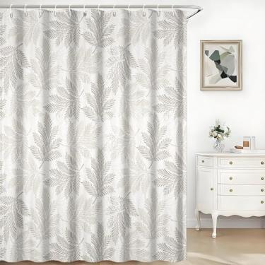 Imagem de TTQYFNM Cortina de chuveiro minimalista, folhas cinzentas, rústicas, padrão botânico, decoração moderna para banheira, tecido de poliéster impermeável, conjunto de cortinas de chuveiro cinza neutro