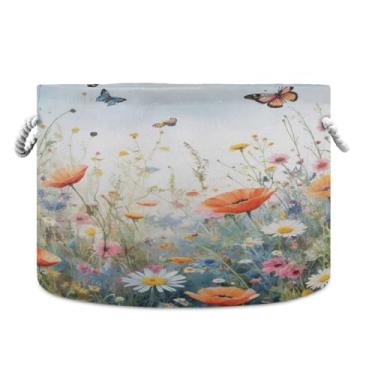 Imagem de JUZIHAI Cesta de armazenamento dobrável de flores da primavera, cesto de roupa suja para bebê, cobertor com alças de corda de algodão, caixa organizadora de armário dobrável para quarto, berçário