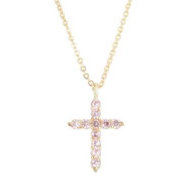 Imagem de RIZILIA Colar feminino com cruz minimalista Time-Honored com safira rosa simulada de zircônia cúbica banhada a ouro 14K - pingente Faith de 45,7 cm - caixa de presente