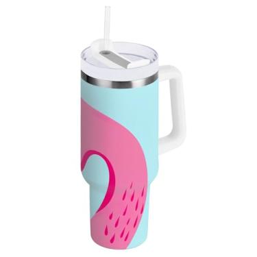 Imagem de ODAWA Copo de viagem grande isolado com alça e tampa de palha, lindo copo à prova de derramamento de flores de flamingo rosa com canudo
