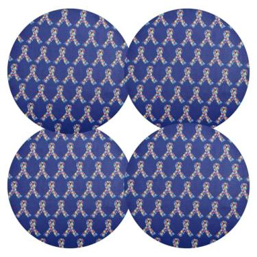 Imagem de Tapete de mesa azul com fita de conscientização do autismo, 4, jogo americano antiderrapante de 38 cm, jogo americano circular de PVC, para mesa de jantar, mesa de cozinha
