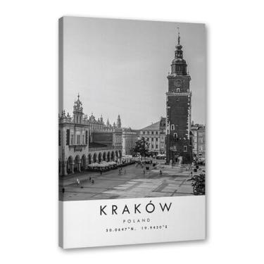 Imagem de Pôster de viagem preto e branco impressão paisagem da cidade do mundo pintura em tela Krakow Wall Art Picture Home Decor (11 x 14 polegadas (28 x 35 cm), emoldurado)