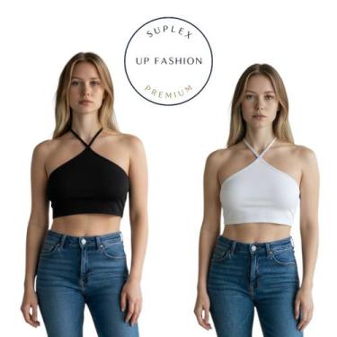 Imagem de Cropped Eva top regatinha frente única de amarrar no pescoço moda grin