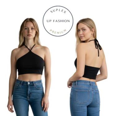 Imagem de Cropped Eva top regatinha frente única de amarrar no pescoço moda grin