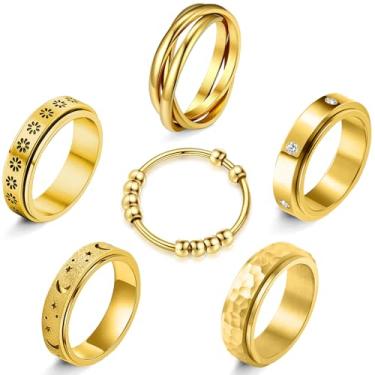 Imagem de MUCAL Anéis fidget para ansiedade, 8 peças, anel giratório de aço inoxidável, antiansiedade, lua giratória, estrela, frio, alívio de estresse, para mulheres e homens, 6, Anel antiestresse, Sem pedra
