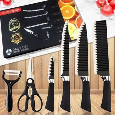 Imagem de Kit de Facas 6 Peças com Tesoura e Descascador de Legumes – Facas de Cozinha Profissionais.
