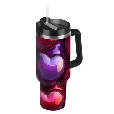 Imagem de Copos térmicos 3D Red Purple Hearts Love com tampas e canudos, copo térmico com alça de 850 g, garrafas de água isoladas de aço inoxidável, xícaras de café quente para carro