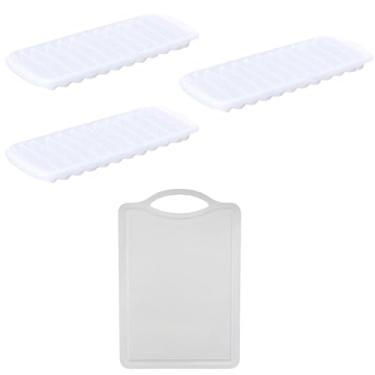 Imagem de Conjunto de 1 Tábua Branca Plástica de Corte para Alimentos + 3 Forma de gelo em Cubos Plástica Branco Atóxica