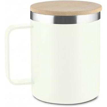 Imagem de Caneca Térmica 400ml em Inox Reciclado com Parede Dupla e Tampa de Bambu Natural, Copo Térmico Branco com Pintura a Pó, Design Minimalista Sustentável e Isolamento Térmico para Café e Chá Premium