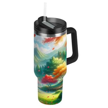 Imagem de Joisal Copos com tampa e canudo Fairyland colorido cenário copo de 850 g com alça grande garrafa de água isolada copo de aço inoxidável para quente e frio