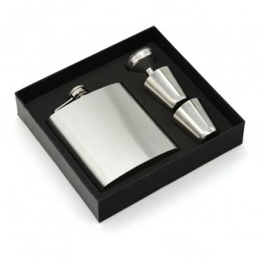 Imagem de Cantil de Bolso com Copos e Funil em Aço Inox, 200ml, 12,5x9,5x2cm, Portátil, Tampa Hermética, Anti-vazamento