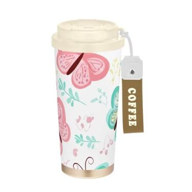 Imagem de TSENQUE Caneca de café de viagem de 473 ml com canudo e tampa, caneca de café de aço inoxidável à prova de vazamento para escritório, escola, festa, acampamento, borboletas, folhas florais