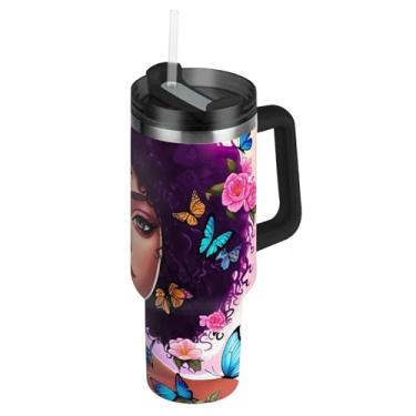 Imagem de Copos femininos afro-americanos com tampas e canudo Thermo Tumbler com alça Garrafas de água isoladas de 1,134 g Copos de café quente de aço inoxidável para carro