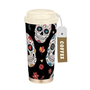 Imagem de TSENQUE Caneca de café colorida preta com caveiras de açúcar, 473 ml, caneca de café com canudo e tampa, canecas de café de parede dupla isoladas a vácuo com revestimento cerâmico para escritório