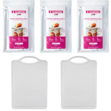 Imagem de Conjunto de 2 Tábua Branca Plástica de Corte para Alimentos + 3 Saco Hermetico Transparente 3 Litros