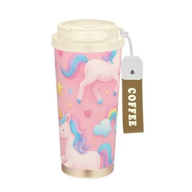 Imagem de TSENQUE Copo de café de 473 ml, copo de café com revestimento cerâmico, tampa e canudo, copo isolado a vácuo de aço inoxidável, arco-íris de unicórnio fofo rosa