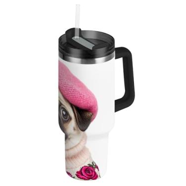 Imagem de Joisal Copos de aço inoxidável com tampa e canudo fofo pug chapéu rosa impressão carros xícara de café bebida quente copo térmico 1,134 g copo com alça garrafa de água isolada