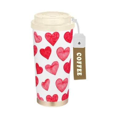 Imagem de Caneca de viagem de café 40 ml com canudo e tampa, revestimento cerâmico, isolamento a vácuo, paredes duplas, corações dos namorados, branco, rosa