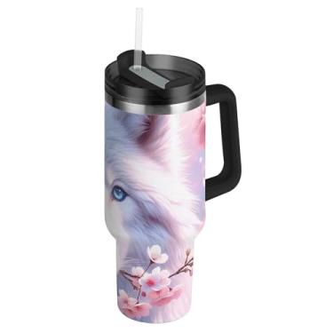 Imagem de Copos de flor de cerejeira rosa lobo branco com tampas e canudos, garrafas de água de aço inoxidável isoladas 1,134 g copo com alça caneca de café quente térmica para carro