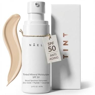Imagem de NAELI Hidratante matizado antienvelhecimento FPS 50, protetor solar mineral para rosto com óxido de zinco, peptídeos e ceramidas, tonalidade leve hidratante natural - 40 ml