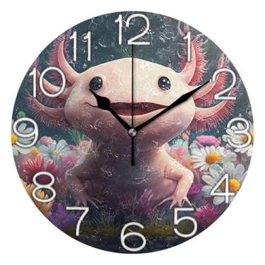 Imagem de GAIGEO Lindo desenho animado axolote floral rosa decorativo analógico relógio de parede quarto cozinha relógio operado por bateria silencioso, arte de parede boho decoração de casa, 25 cm, ponteiros