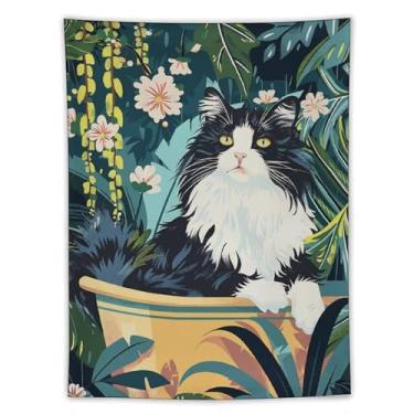 Imagem de Tapeçaria de parede floral preto e branco gato na banheira selva decoração de animal fofo arte boho para banheiro quarto aconchegante enfeite de pendurar cena encantadora 152 x 203