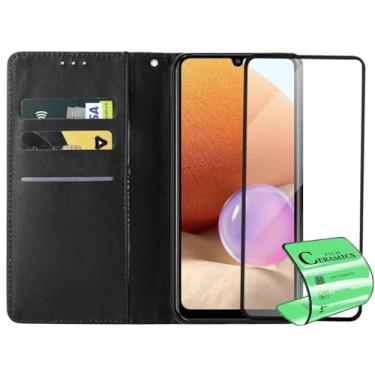 Imagem de Capa Carteira Flip Case para Samsung Galaxy A32 4G com Película Protetora Cerâmica Premium, Suporte Ajustável, Cobertura total da tela, Preto