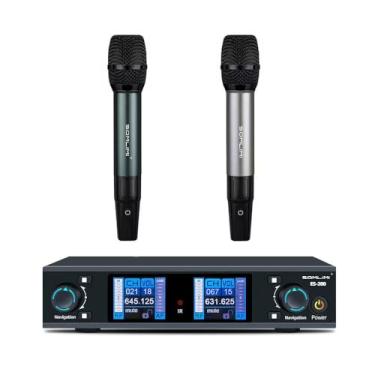 Imagem de SOMLIMI ES200 Microfone sem fio duplo canal metálico para palco performance igreja ktv festa (ES200-Cinza+Verde)