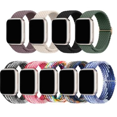 Imagem de Pacote com 9 pulseiras trançadas elásticas, compatível com Apple Watch Series SE/2/3/4/5/6/7/8/9/10/Ultra, masculino e feminino (preto/luz das estrelas/mirtilo/chocolate escuro, morango/arco-íris