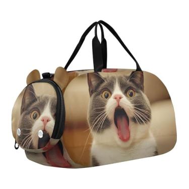 Imagem de Bolsa esportiva divertida para meninos e fim de semana com estampa Pitbull Laugh para viagem, bolsa esportiva infantil, Lindo bocejo de gato cinza, Clássico