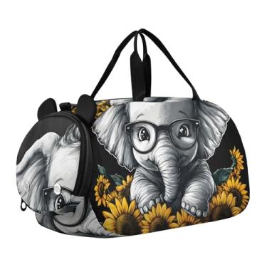 Imagem de Bolsa de viagem azul para meninas com bola de tênis, bolsa de viagem para o fim de semana, academia, bolsa de mão para meninos, Óculos engraçados de elefante, Clássico