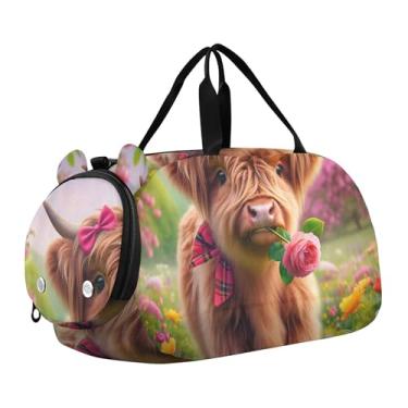 Imagem de Bolsa esportiva para meninos e crianças pequenas, estilo chinês, árvores, flores, pássaros, bolsa de viagem com compartimento para sapatos, flores coloridas vaca highland, Clássico