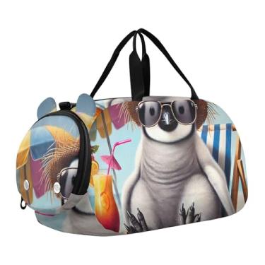 Imagem de Bolsa esportiva de viagem para meninos, fim de semana, bolsa de viagem para meninas, bolsa de viagem para dança, romântica, gato Titanic Love, Férias legais na praia do pinguim, Clássico