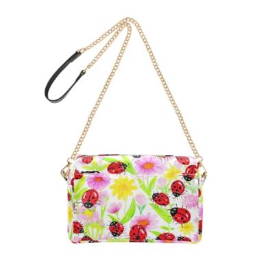 Imagem de Joitme Bolsa de ombro feminina transversal para celular bolsa de ombro de couro PU com alça de corrente colorida joaninhas flores desenho animado