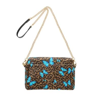 Imagem de Joitme Bolsa de ombro feminina marrom leopardo azul borboletas bolsa tiracolo de couro PU bolsa de ombro alça de corrente bolsa para celular