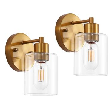 Imagem de Arandela de parede dourada escovada, luminária dourada Modernbathroom luminárias com cúpula de vidro transparente, lâmpada de entrada para corredor, sala de estar, acessórios de banheiro para espelho