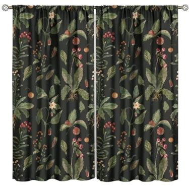 Imagem de Cortinas botânicas pretas, folhas verdes botânicas, planta boho, flor, floral, primavera para decoração de janela de quarto, varão, impressão, cortinas blackout para sala de estar, quarto, cozinha