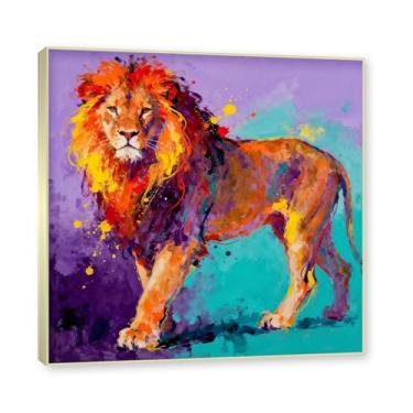 Imagem de Moldura dourada. Arte abstrata de respingos de leão, pintura colorida de animais em tela, decoração de parede expressiva moderna para sala de estar ou escritório. A10. 60 x 60 cm - 23,6 x 23,6 pol.