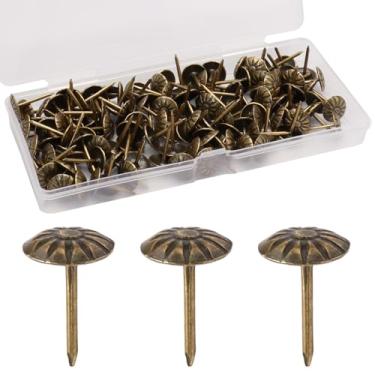 Imagem de Rierdge Tachinhas de estofamento de latão antigo, 120 peças, pregos decorativos de móveis vintage com padrão de margarida, pinos de estofamento resistentes de 7/40.6 cm para sofá, cadeira, cama