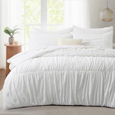 Imagem de Oli Anderson Conjunto de edredom queen, 5 peças, fofo, com design elástico, vintage, boêmio, casa de fazenda, estilo rústico, para todas as estações, branco